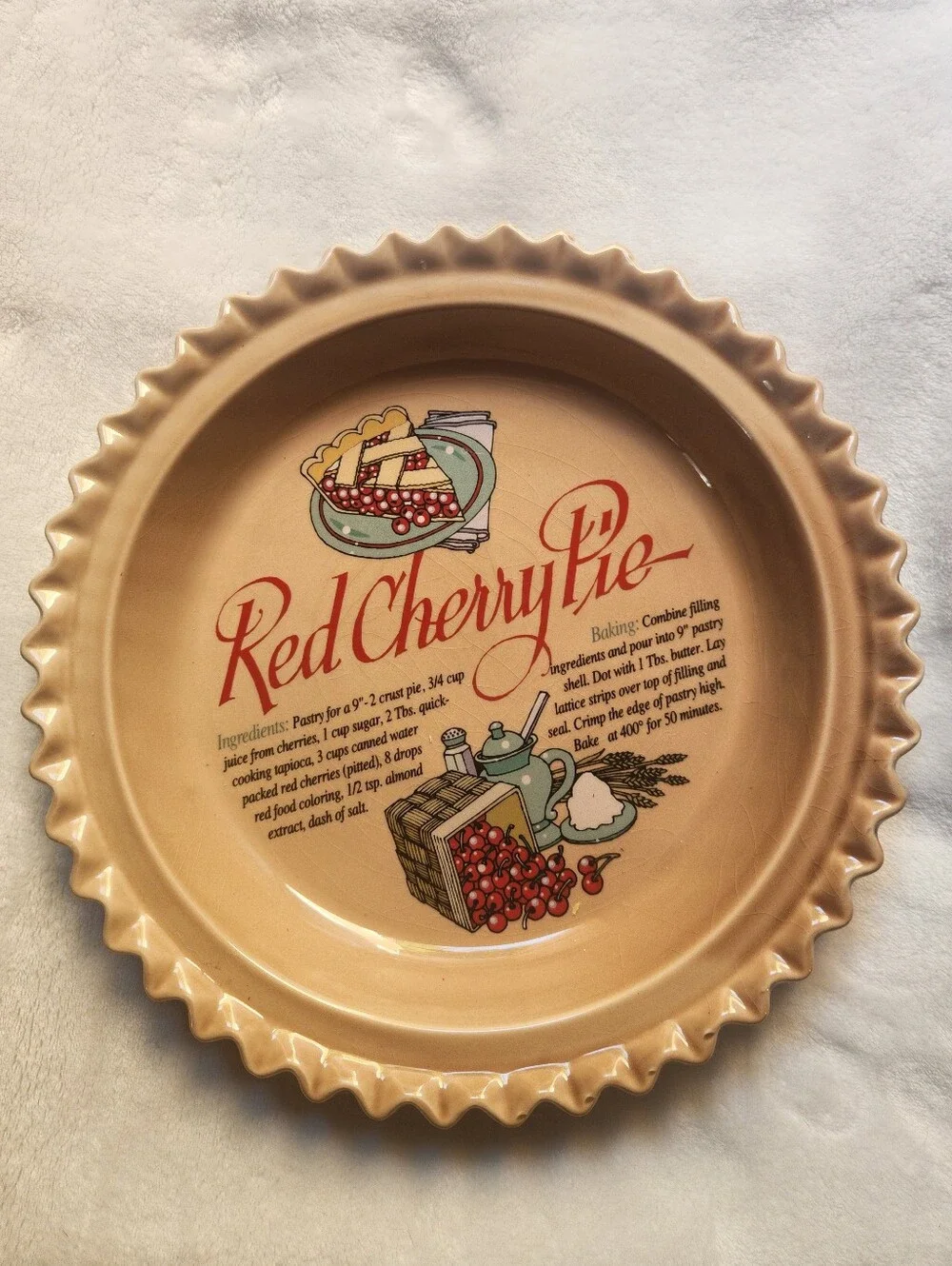 Vintage Cookwear, Red Cherry Pie Ceramic Covered Dish With Cherry Textured Top